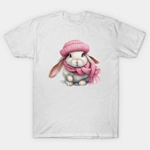 Adorable cute rabbit wearing a pink hat and scarf T-Shirt by JnS Merch Store